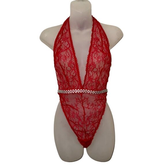 NWT Victoria’s Secret Rhinestone Waist Unlined Red Lace halter style Teddy L - Picture 1 of 10